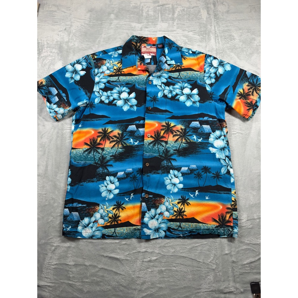 RJC Hawaiian Shirt Men L Made in Hawaii Blue Sunset Hibiscus Aloha 100% Cotton